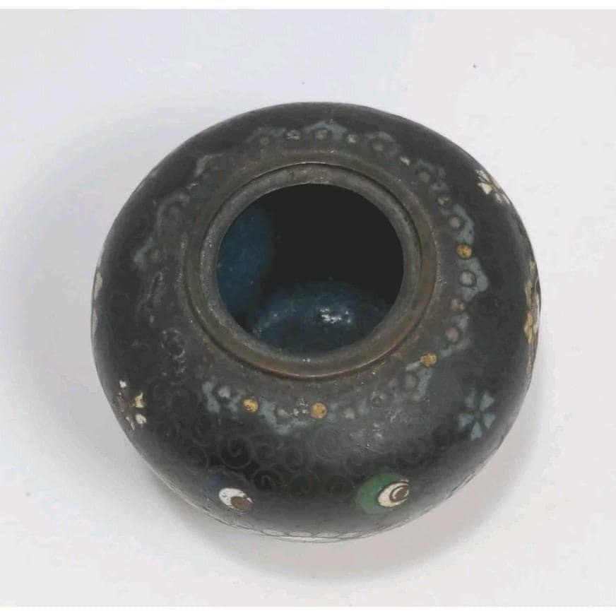 Vintage Cloisonne Mini Vase Black Floral Enamel 2.5" Collectible