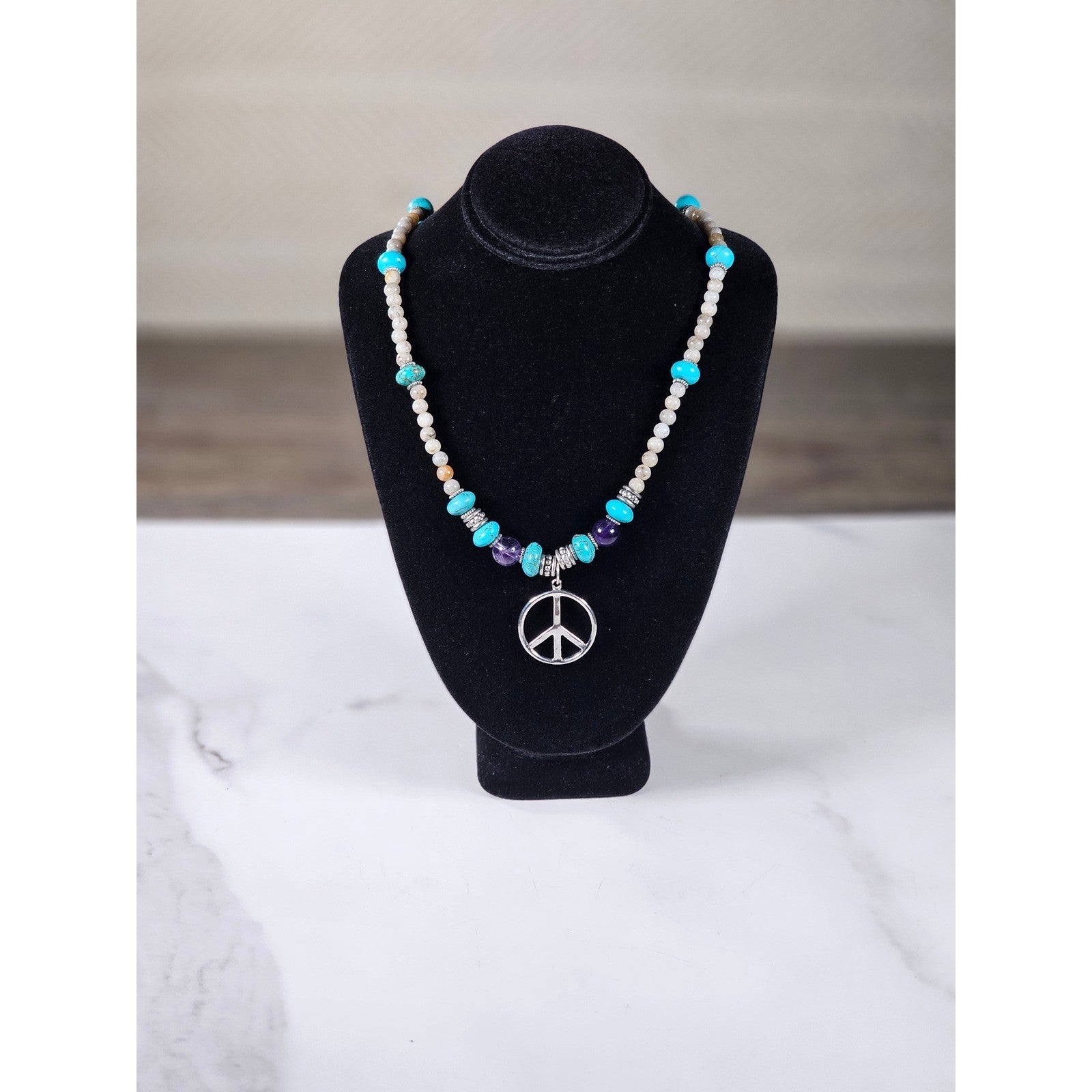 Vintage Peace Sign Necklace Turquoise Beads Amethyst Accent Pendant