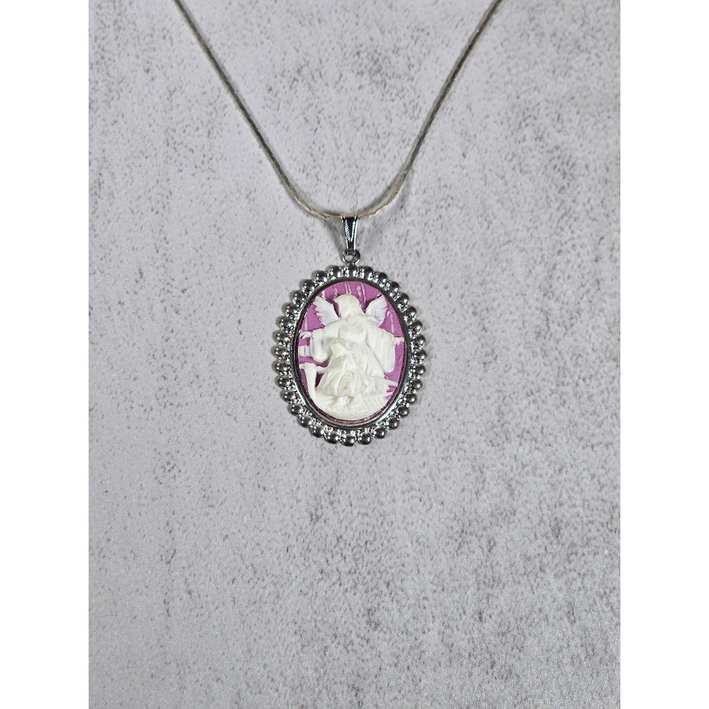 Vintage Angel Cameo Pendant Necklace Pink Relief Silver Tone Oval