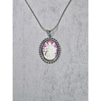 Vintage Angel Cameo Pendant Necklace Pink Relief Silver Tone Oval