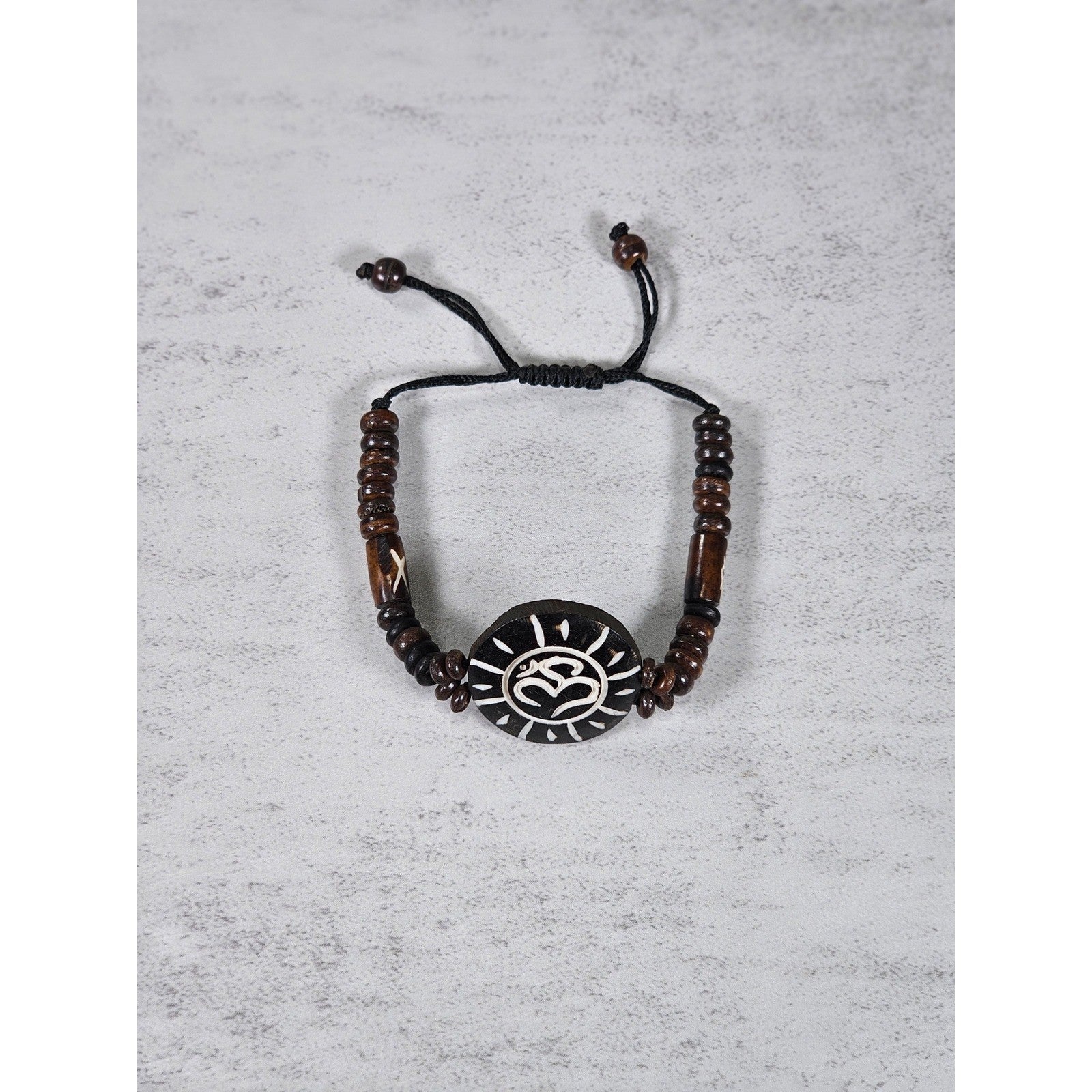 Vintage Wooden Om Sun Bracelet Adjustable Beaded Cord