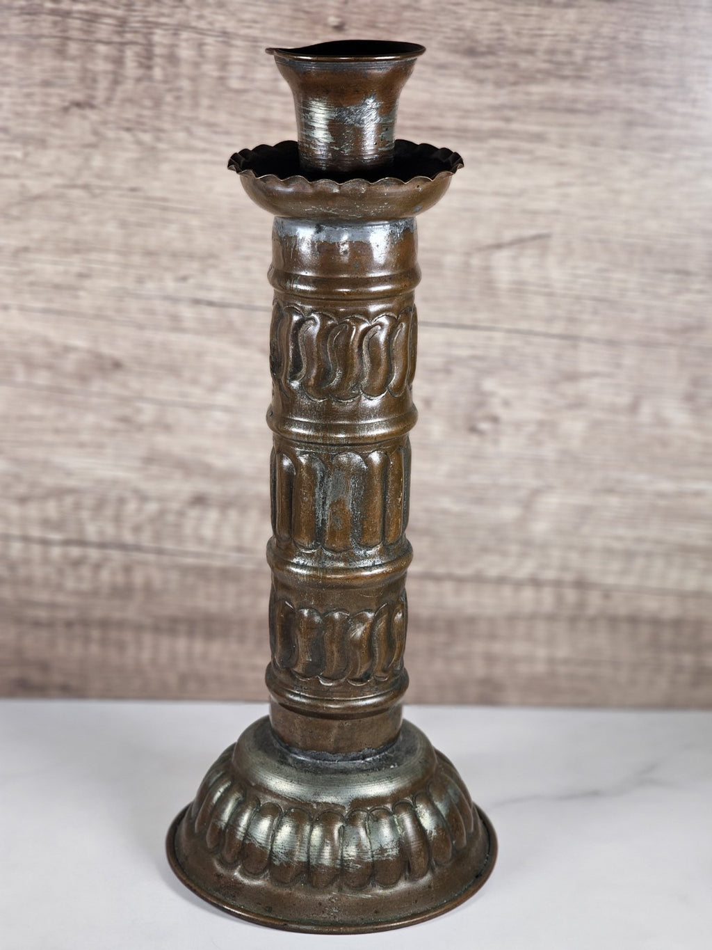 Antique Tinned Copper Candlestick Holder Ornate Embossed Design 12" Tall