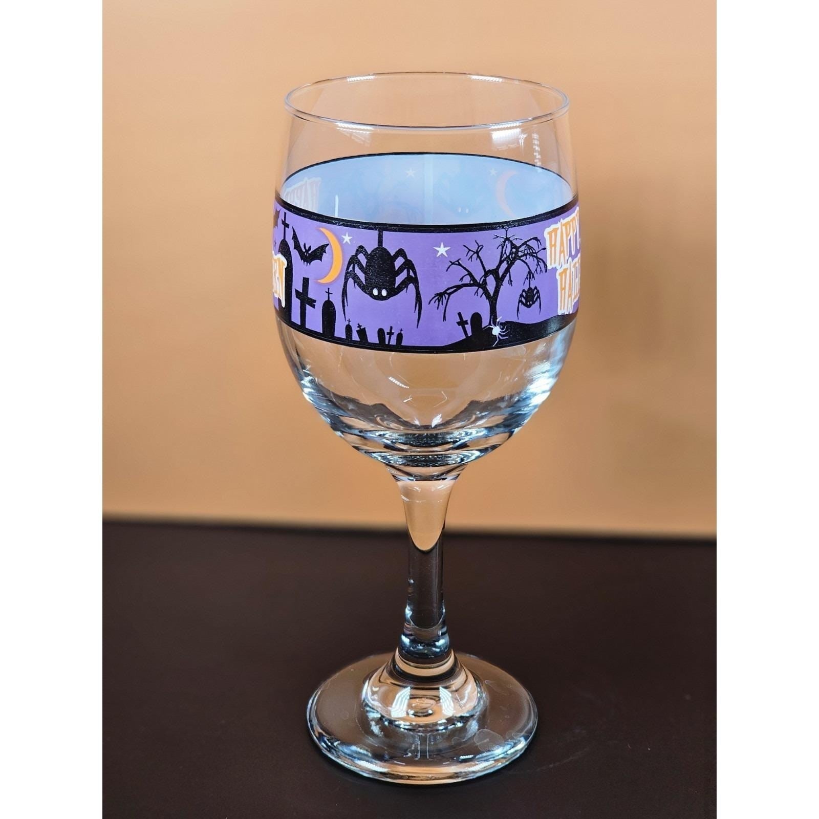 Vintage Halloween Wine Glass with Purple Spooky Silhouette Band
