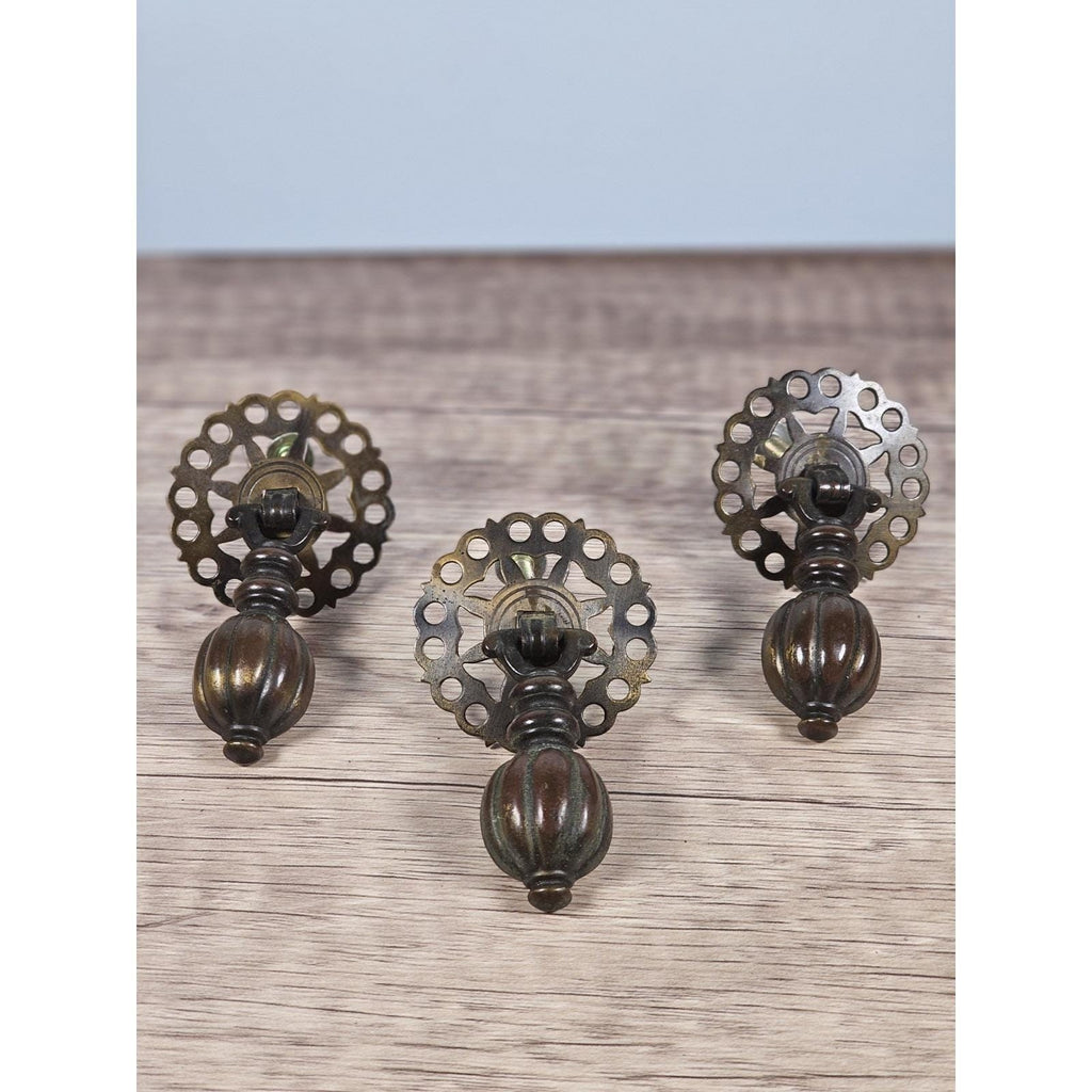 Vintage Brass Bronze Drawer Knobs Set 3 Ornate Cabinet Pulls