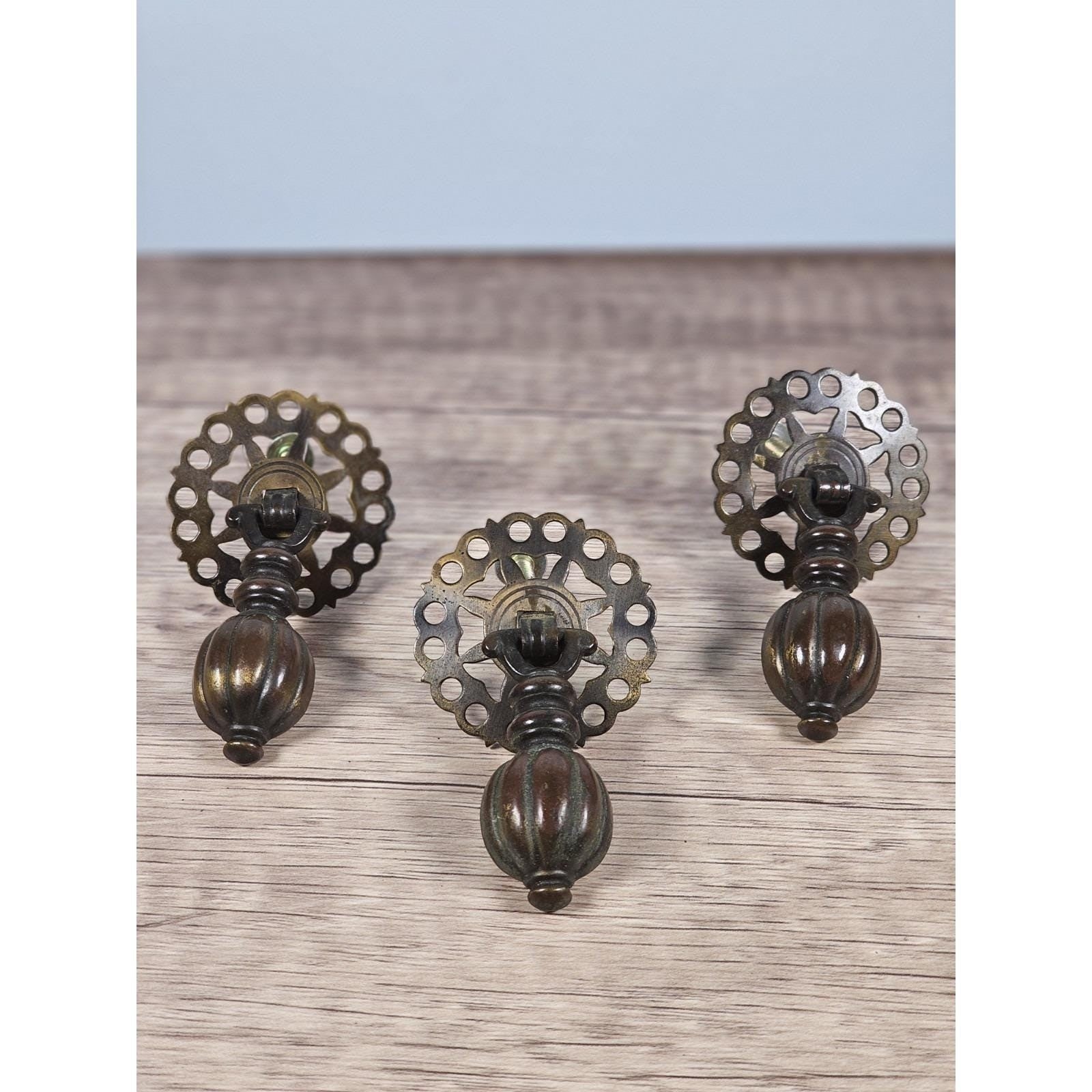 Vintage Brass Bronze Drawer Knobs Set 3 Ornate Cabinet Pulls