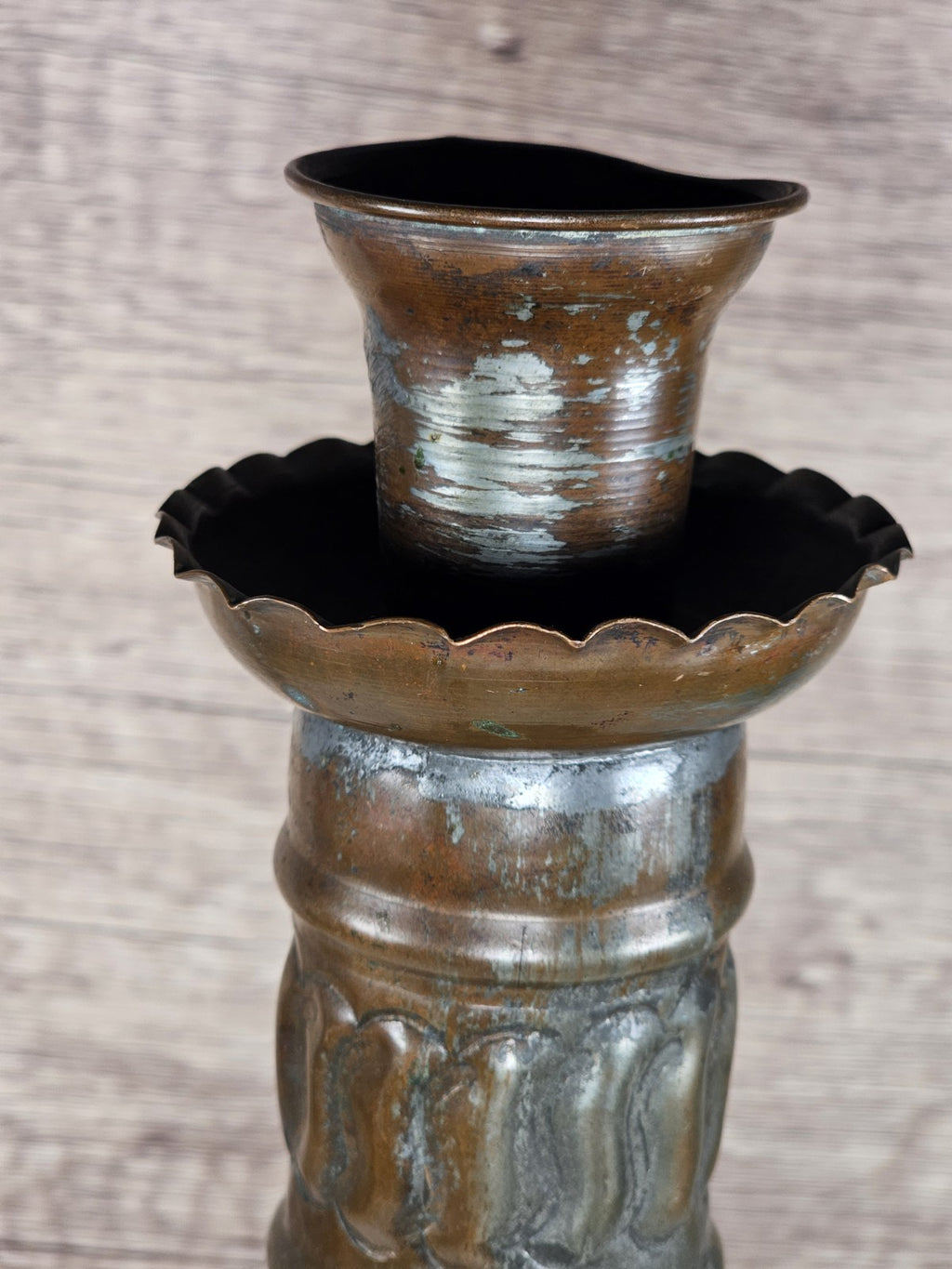 Antique Tinned Copper Candlestick Holder Ornate Embossed Design 12" Tall