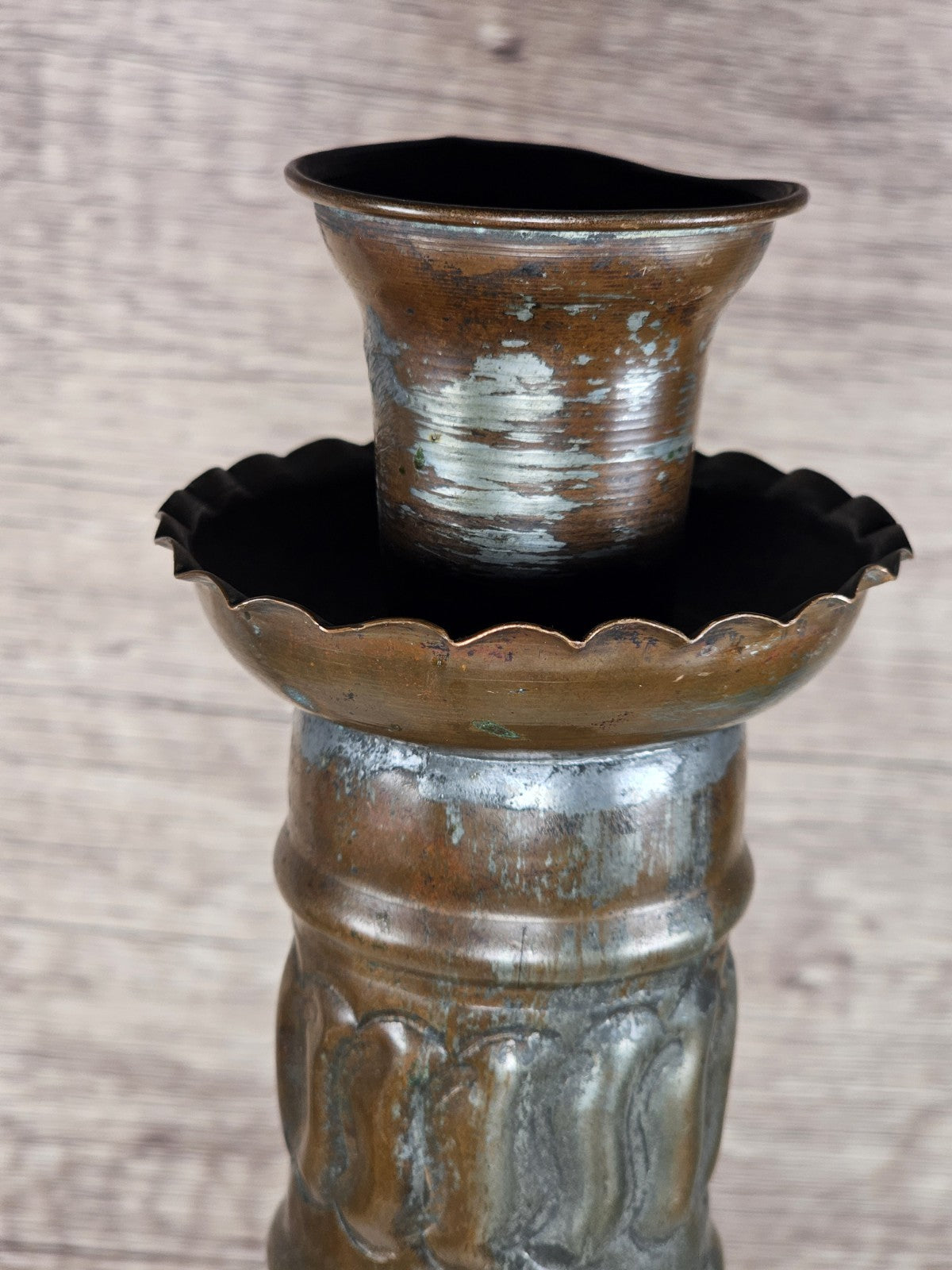 Antique Tinned Copper Candlestick Holder Ornate Embossed Design 12" Tall