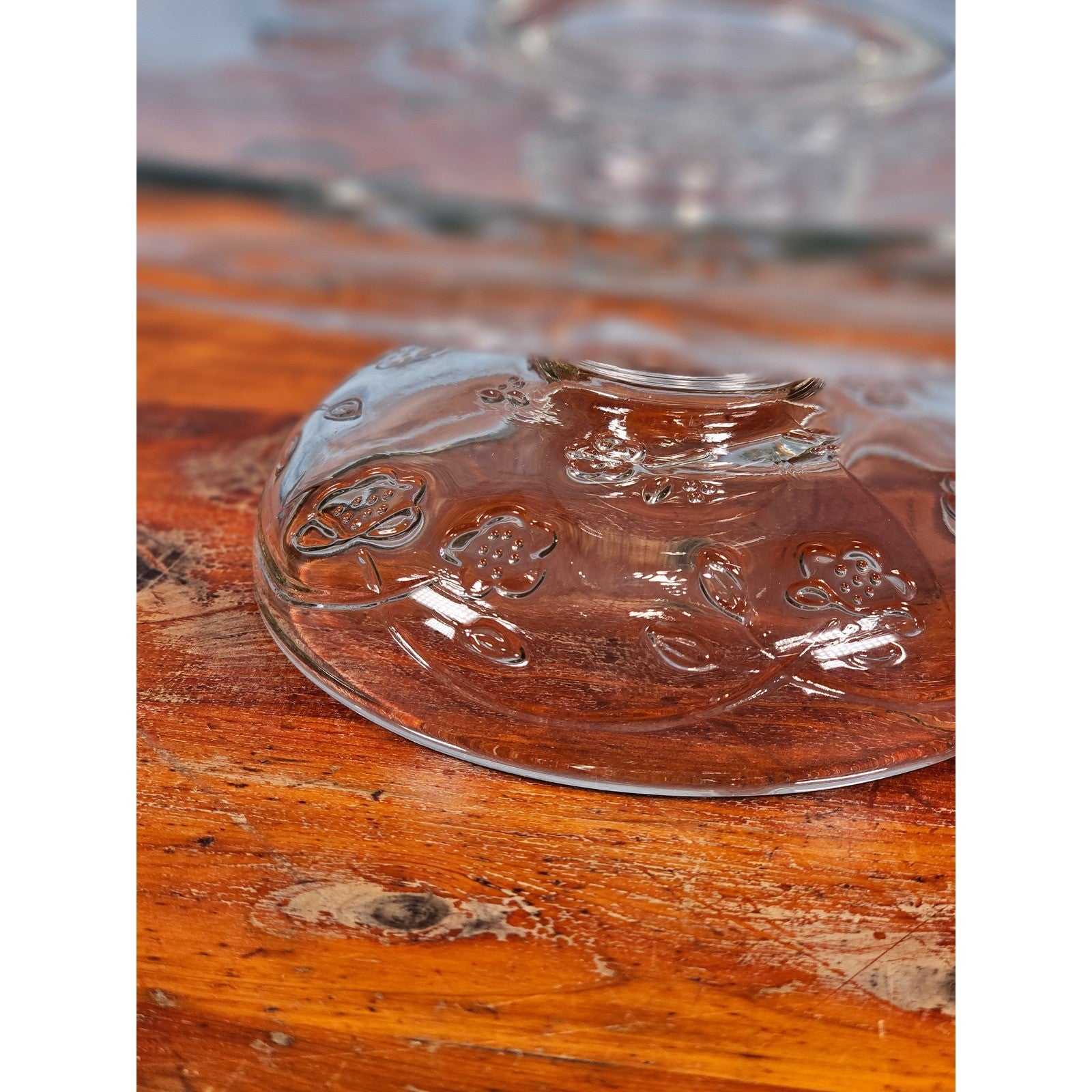 Vintage Clear Glass Cake Stand with Floral Embossed Design