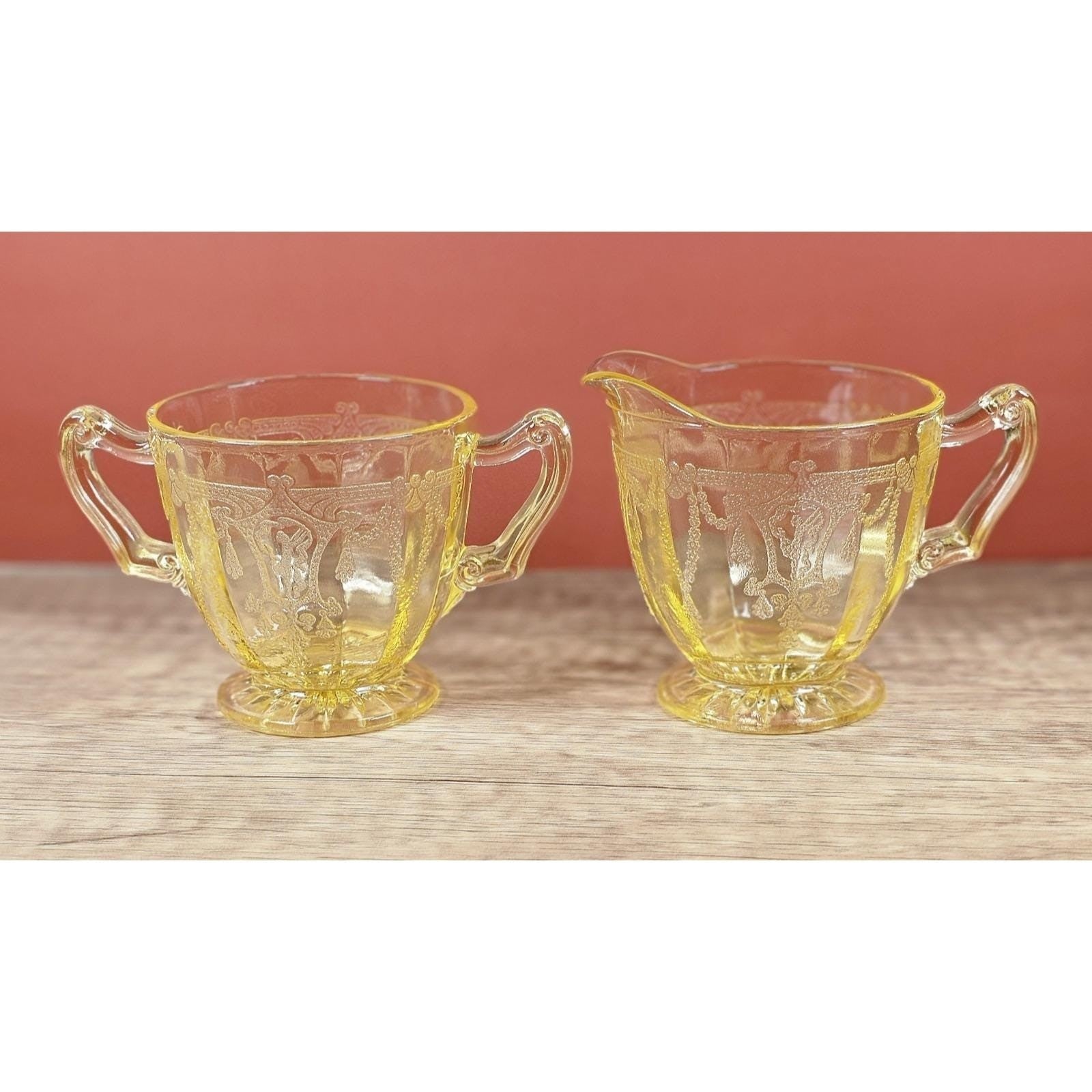 Vintage Anchor Hocking Cameo Ballerina Yellow Glass Creamer & Sugar Set
