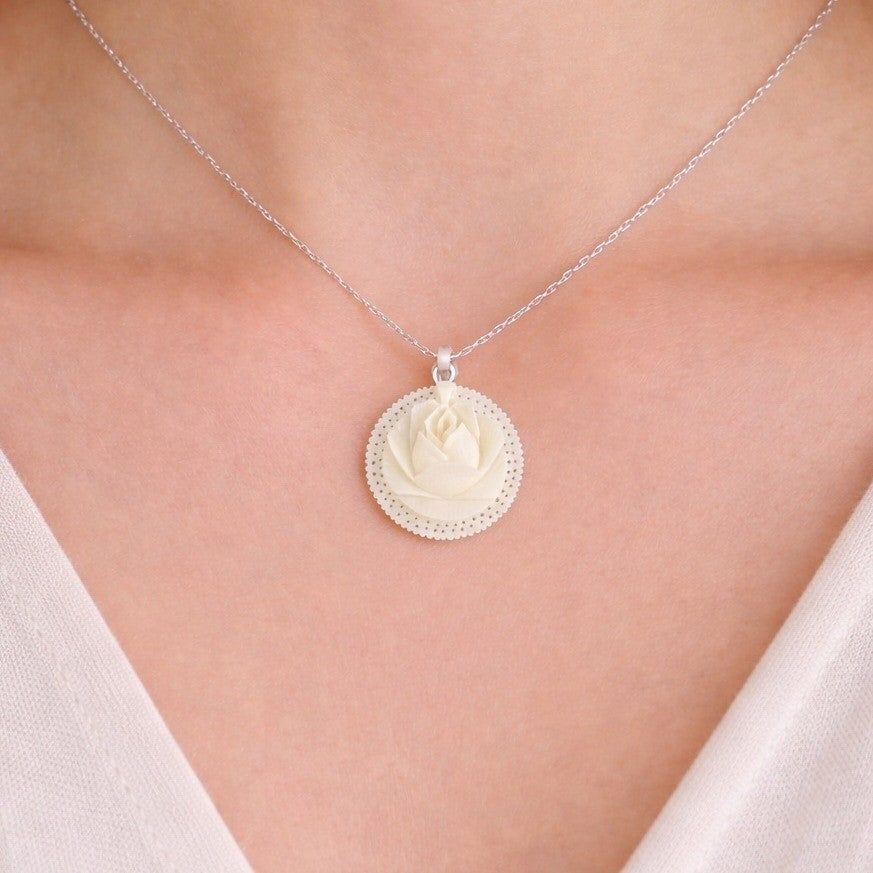 Vintage Carved Rose Pendant Round Floral Medallion Ivory Tone