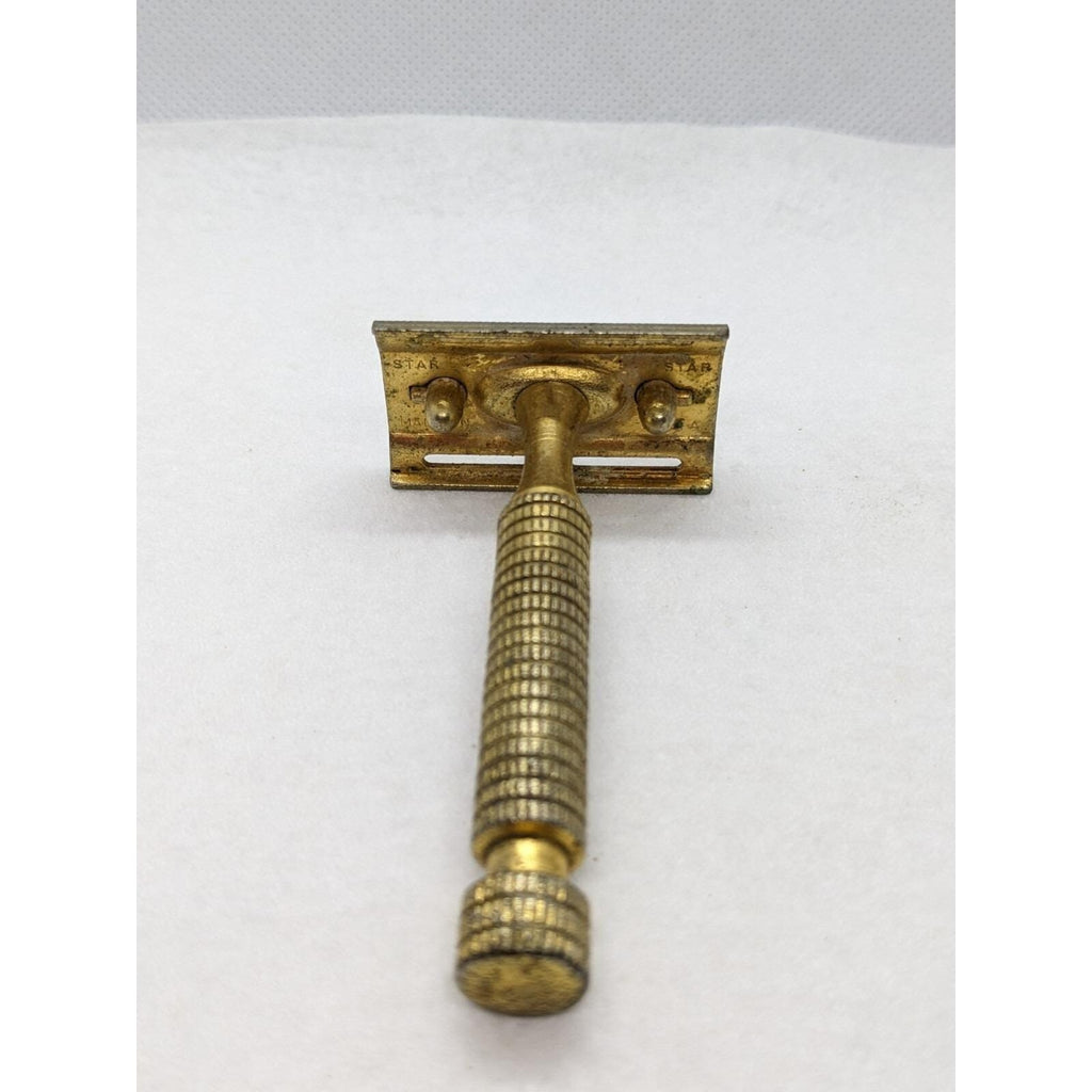 Vintage STAR Gold Tone Safety Razor Textured Handle