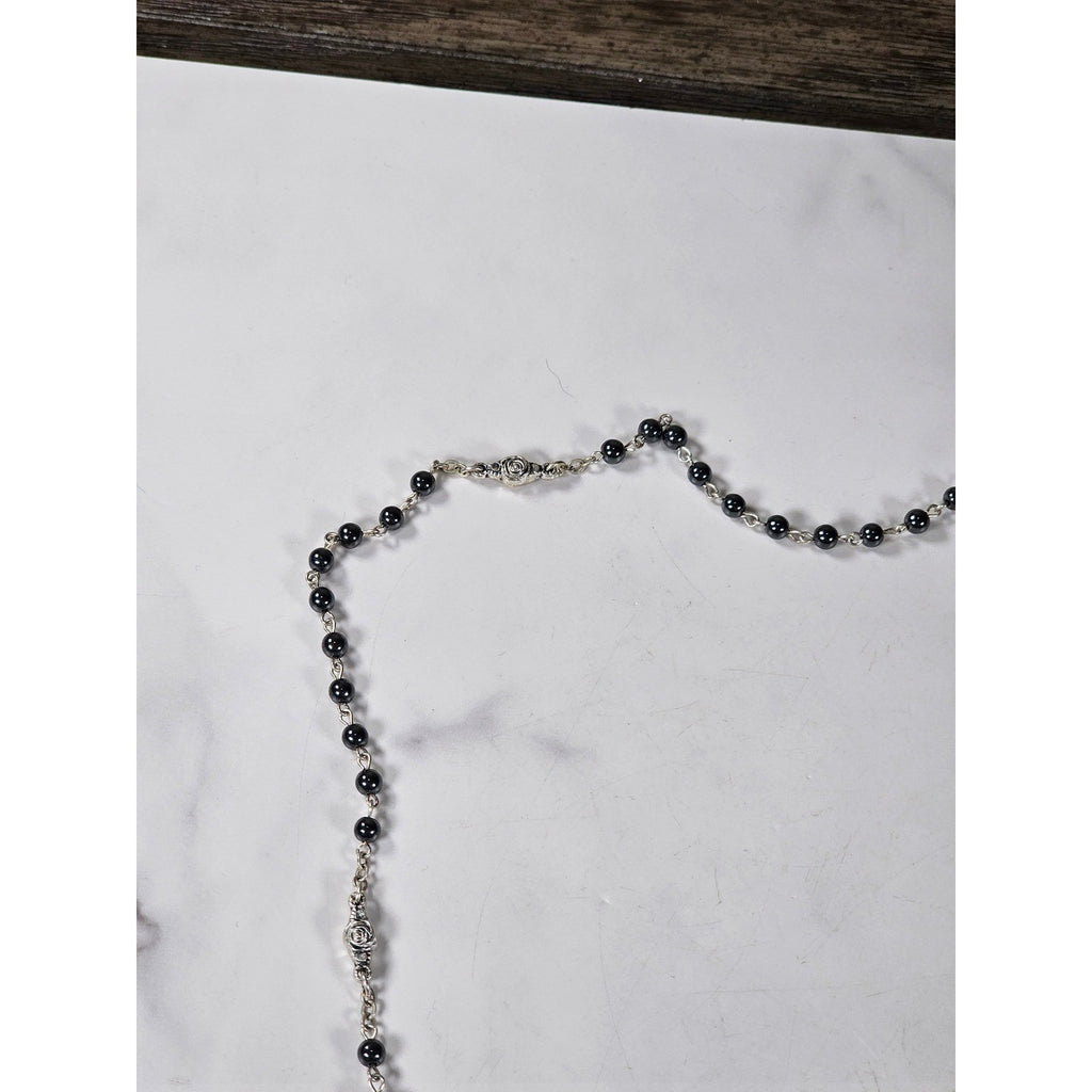 Vintage Black Bead Rosary Necklace Silver Tone Crucifix Catholic