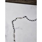 Vintage Black Bead Rosary Necklace Silver Tone Crucifix Catholic