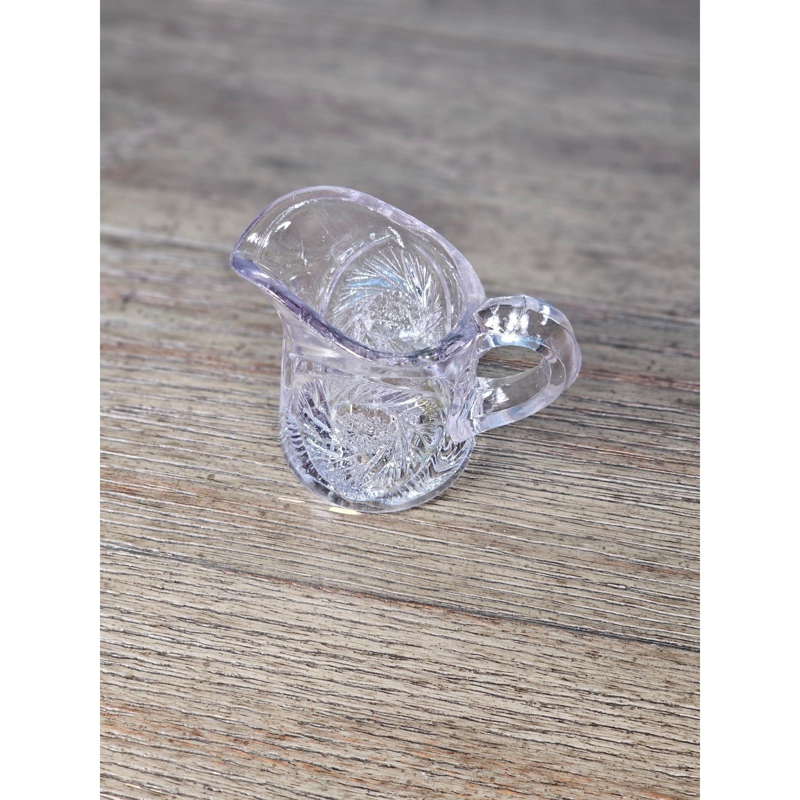 Vintage Cut Glass Mini Creamer Pitcher Starburst Swirl Chipped Rim 2.3in