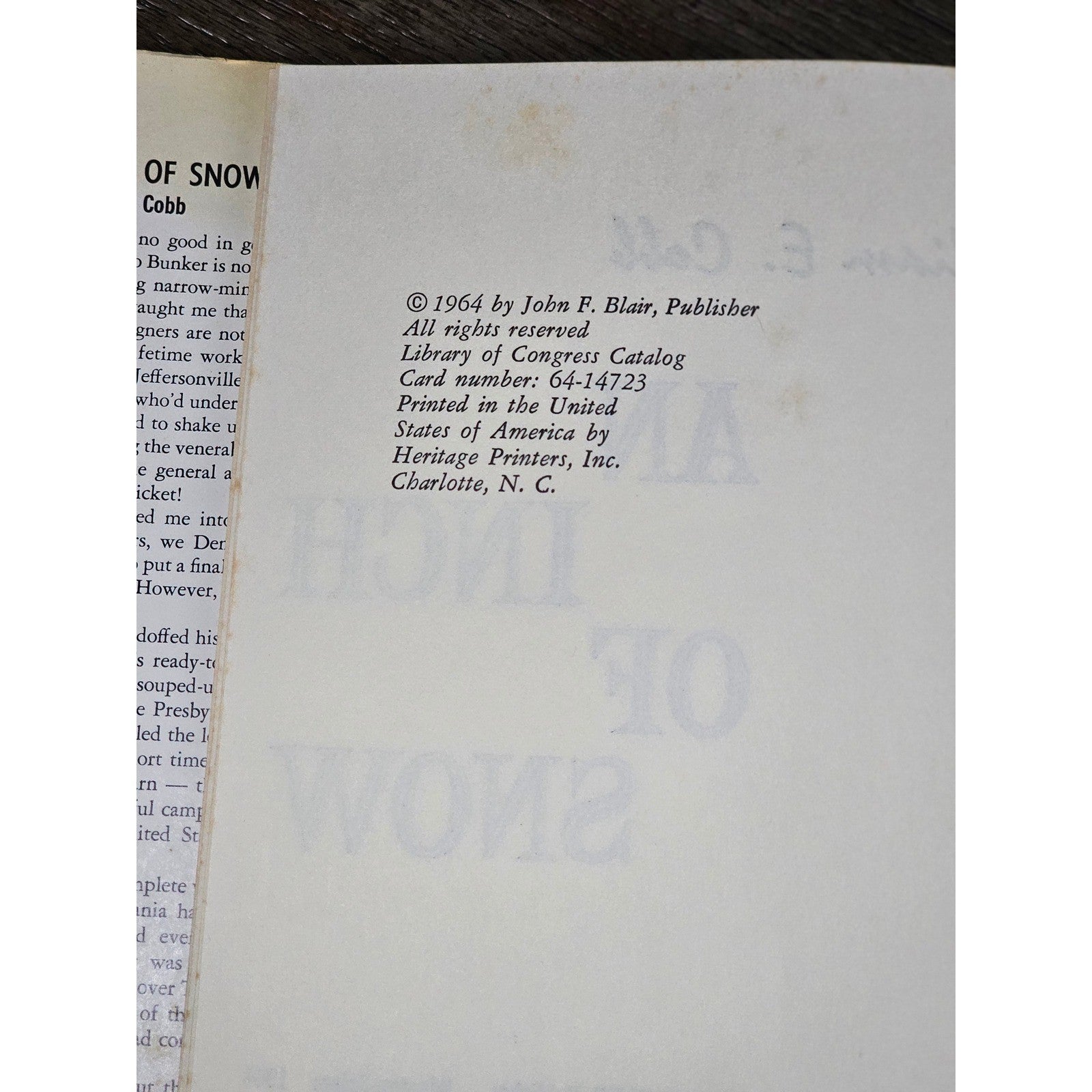 An Inch of Snow William E. Cobb 1964 Hardcover w Dust Jacket