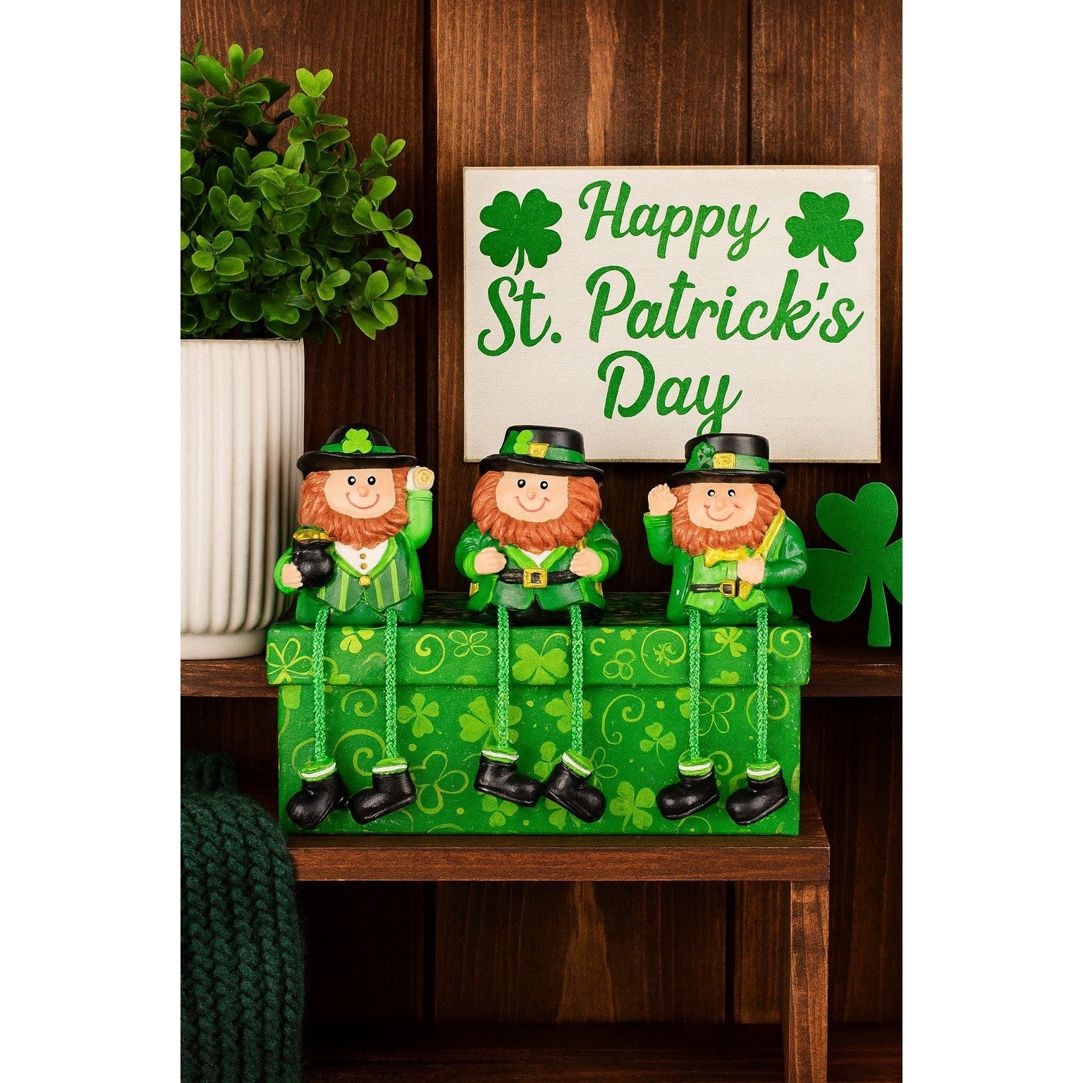 Set of 3 Sitting Leprechauns with Dangling Legs St Patricks Day Decor