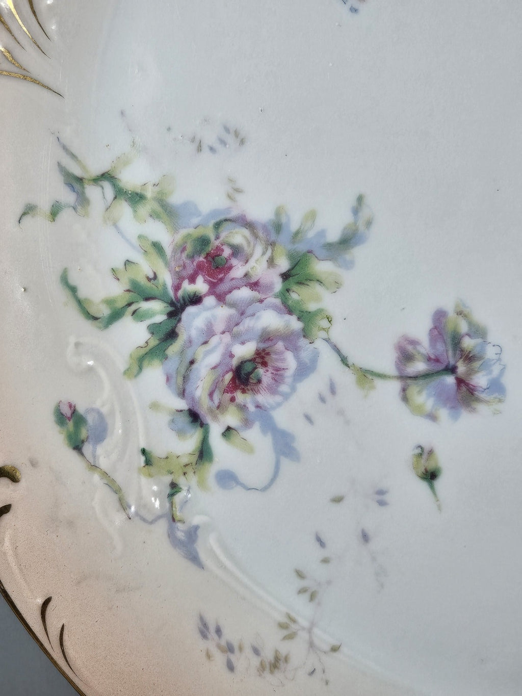 11″ Austria Floral Plate Platter Vintage Porcelain Hand-Painted Gold Trim Rustic