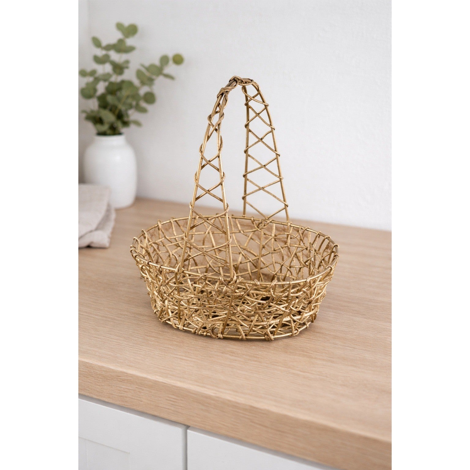 Vintage Gold-Tone Metal Wire Basket with Handle | Decorative Storage Basket