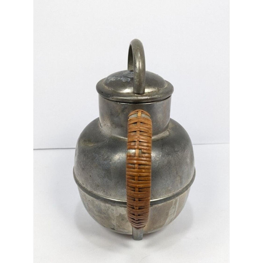 Rogers Pewter Coffee Pot Rattan Handle Mid Century Solid Pewter