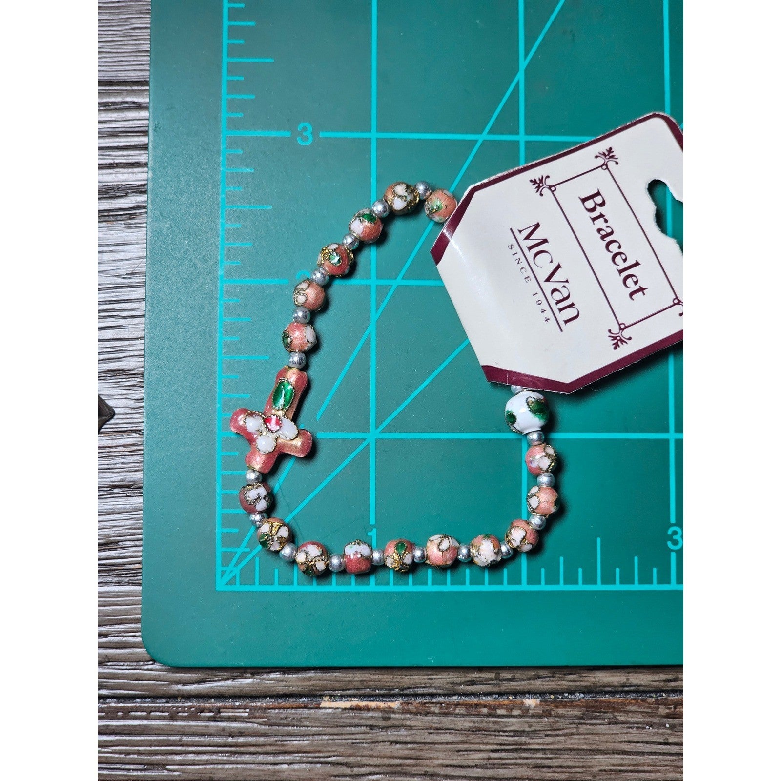 Vintage McVan Enamel Beaded Bracelet Floral Charm Pink Green