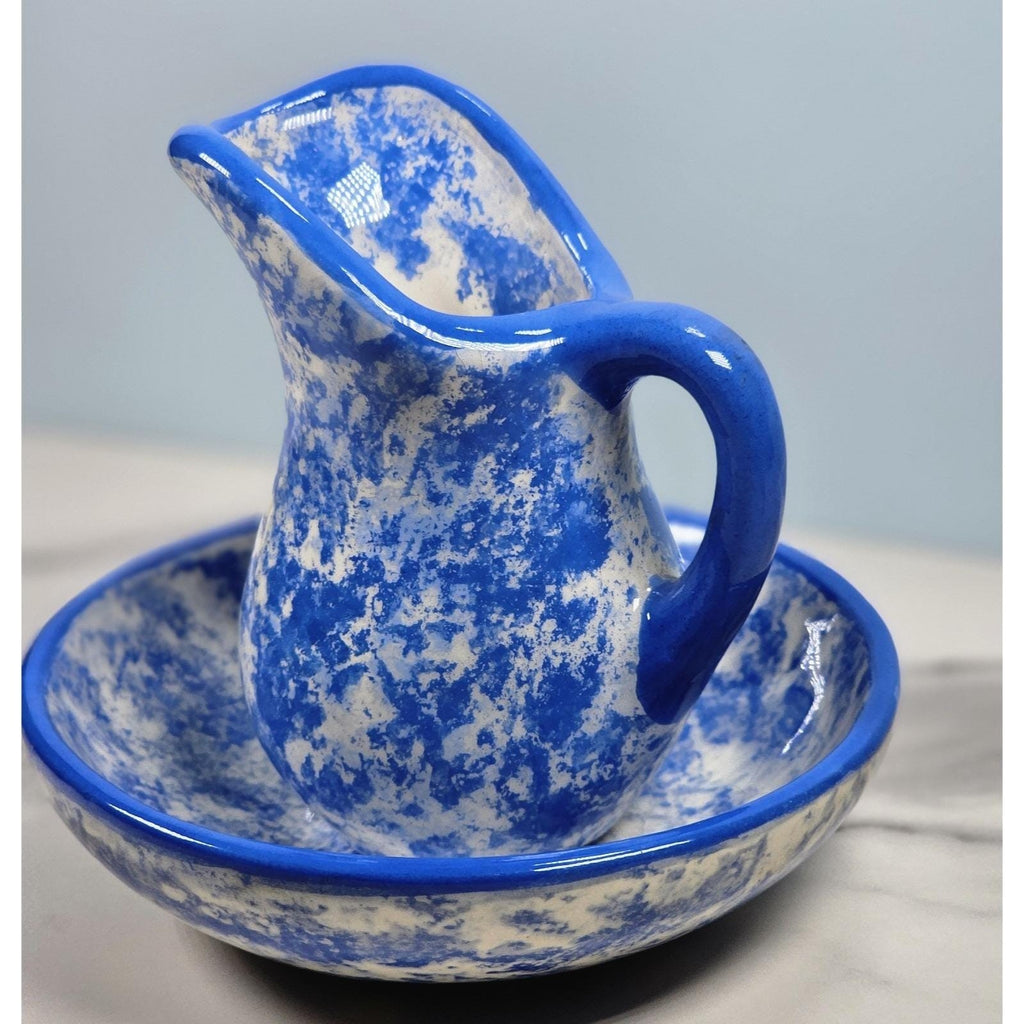Vintage Blue & White Spongeware Pitcher and Bowl Set Rustic Pottery