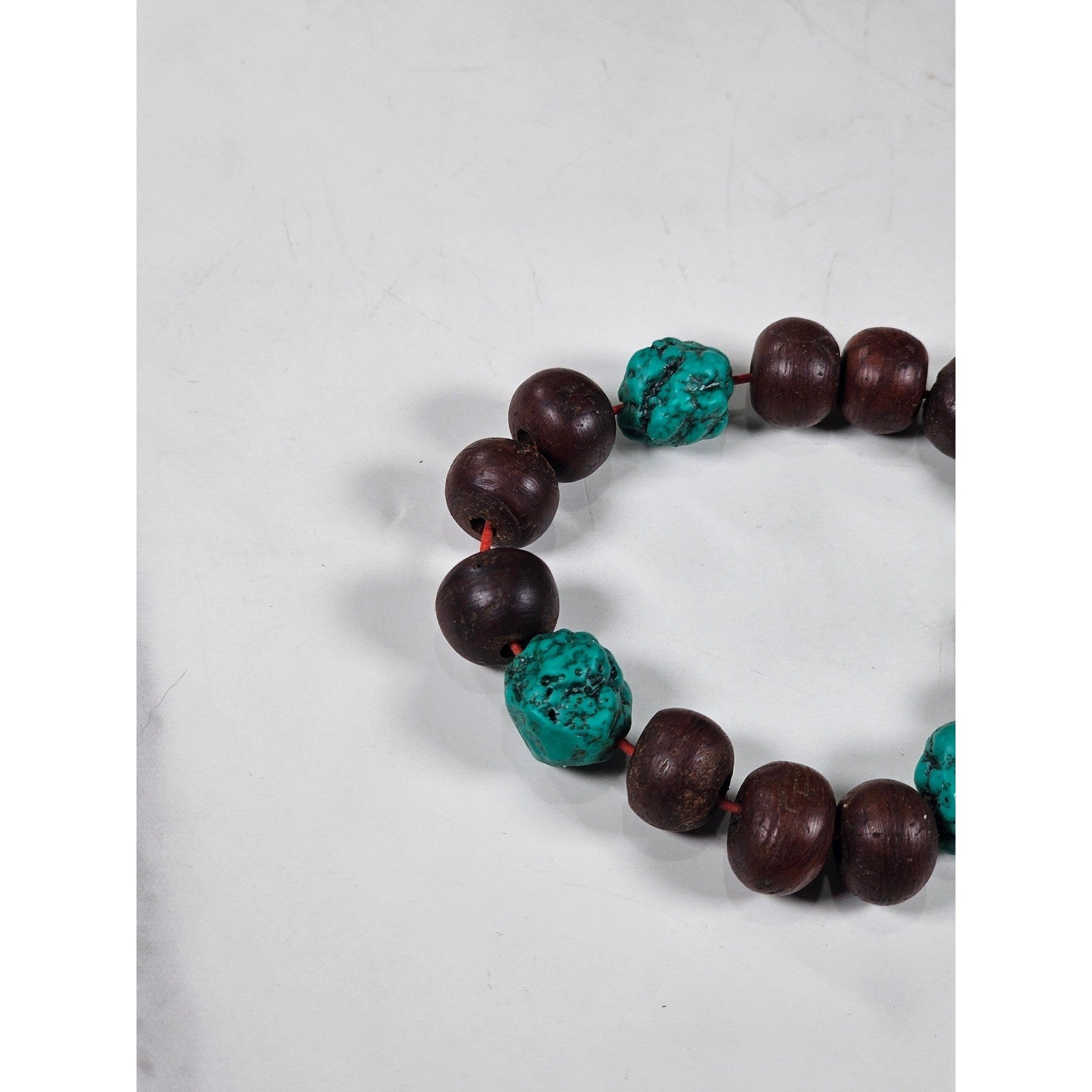Vintage Wood & Turquoise Bead Stretch Bracelet Rustic Boho