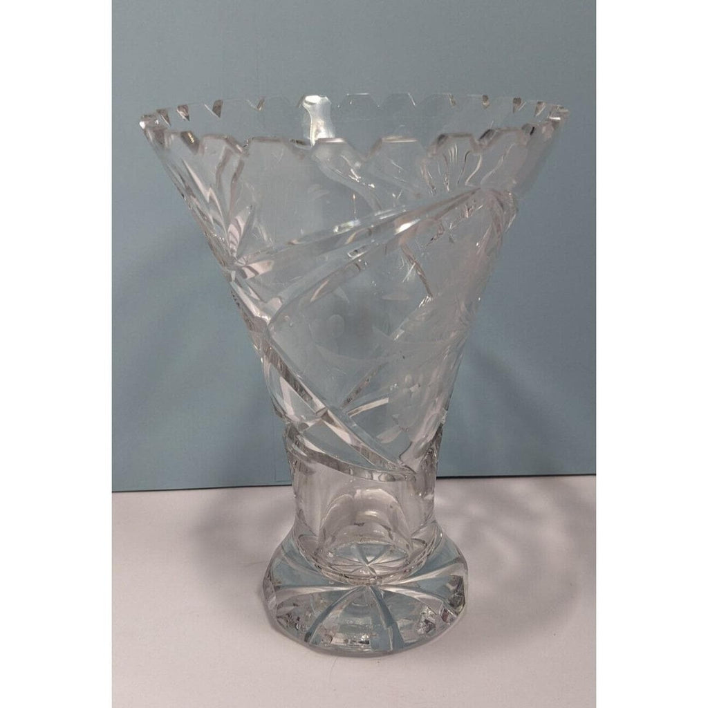 Vintage Cut Crystal Trumpet Vase Starburst Pedestal Vase 7.5 Inch