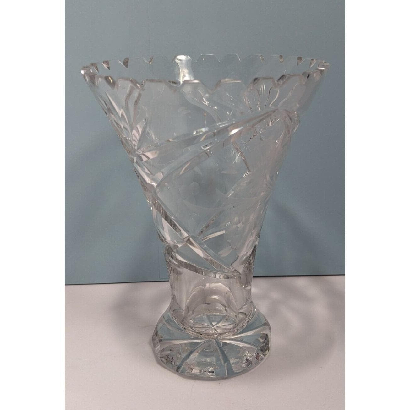 Vintage Cut Crystal Trumpet Vase Starburst Pedestal Vase 7.5 Inch