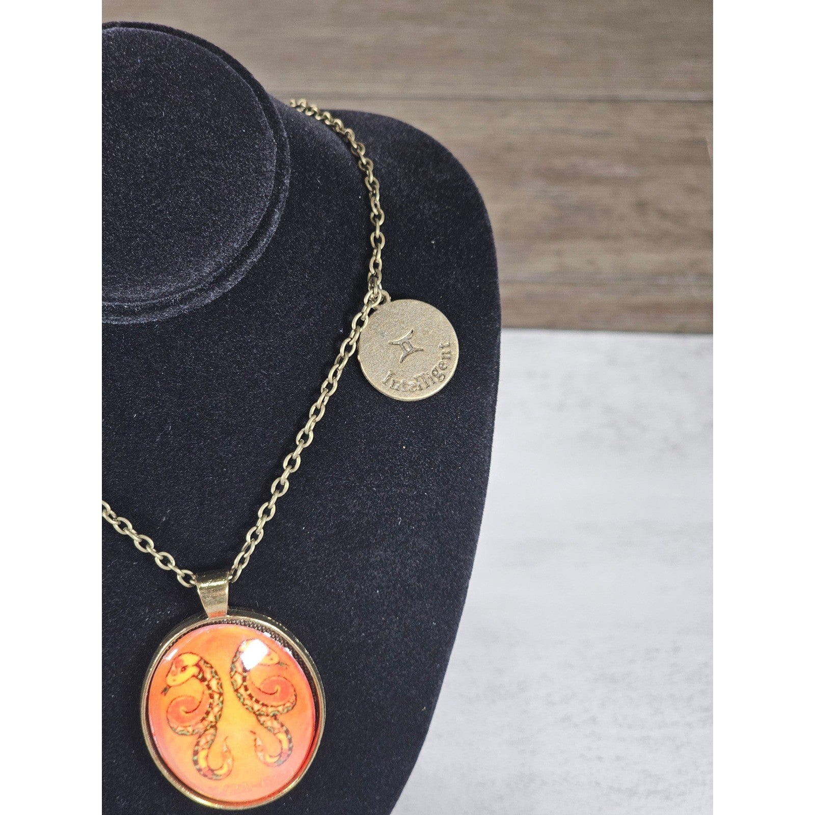 Vintage Gemini Snake Pendant Necklace Orange Zodiac Charm