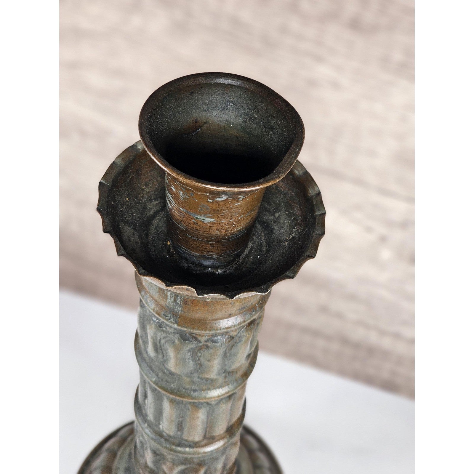 Antique Tinned Copper Candlestick Holder 12" Embossed Design