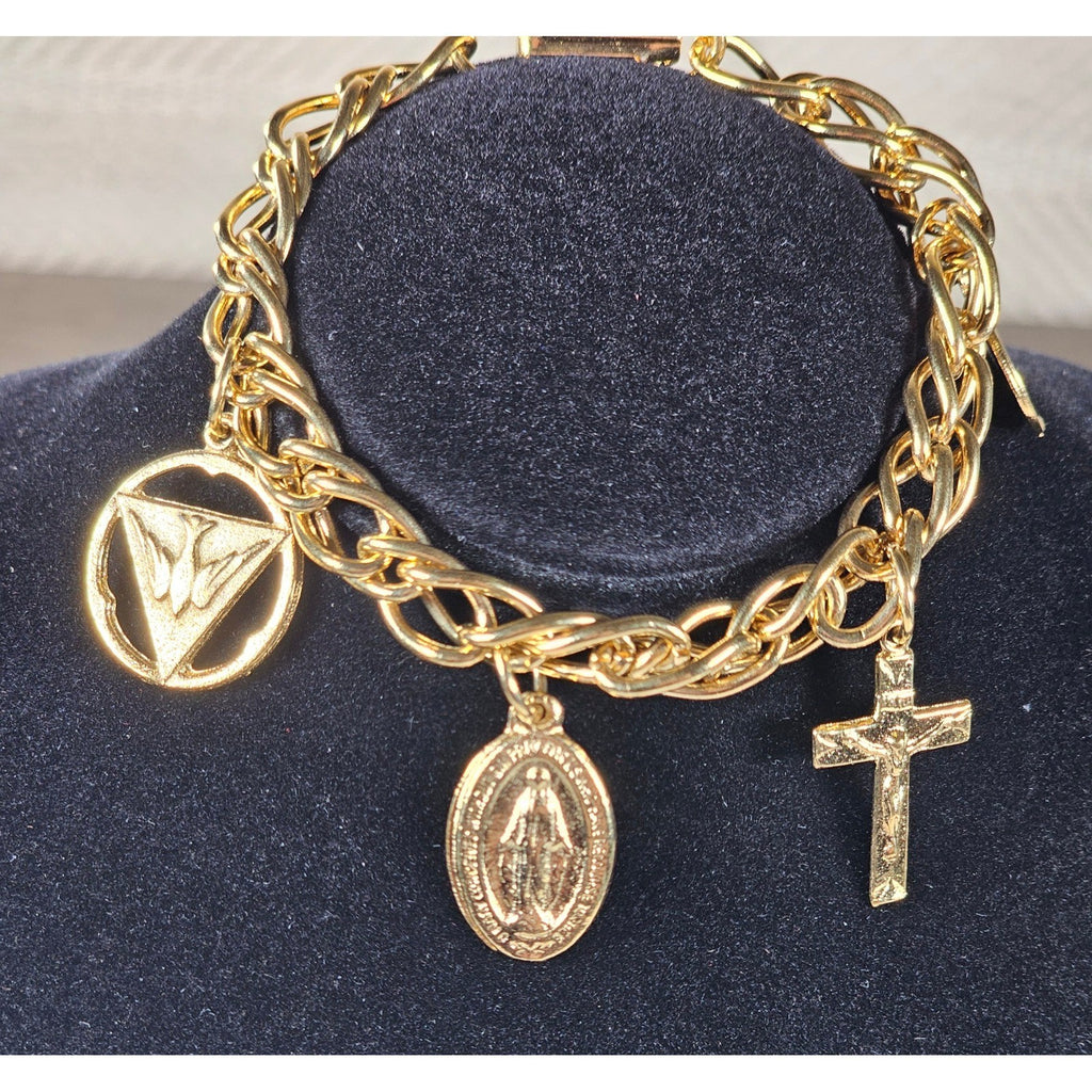 Vintage Gold Tone Religious Charm Bracelet Cross Medal Coin