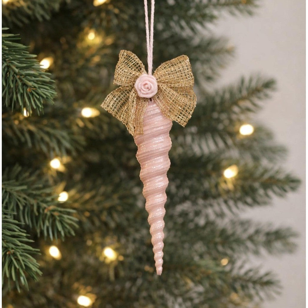 Vintage Pink Shell Christmas Ornament Gold Bow Rose 4 Inch