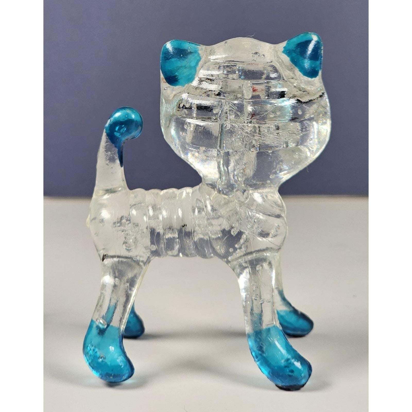 Vintage Lucite Cat Figurine Clear Blue Accents Hong Kong