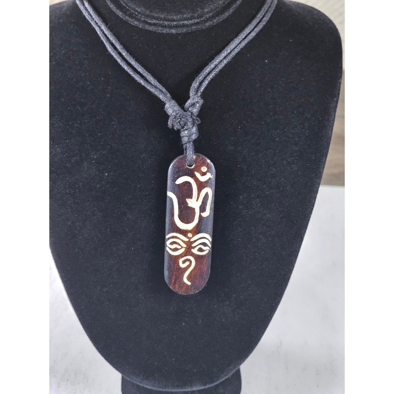 Vintage Om Ganesha Wooden Pendant Necklace Adjustable Cord