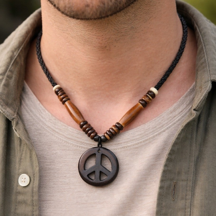 Vintage Wood Peace Sign Necklace Boho Beaded Cord Pendant