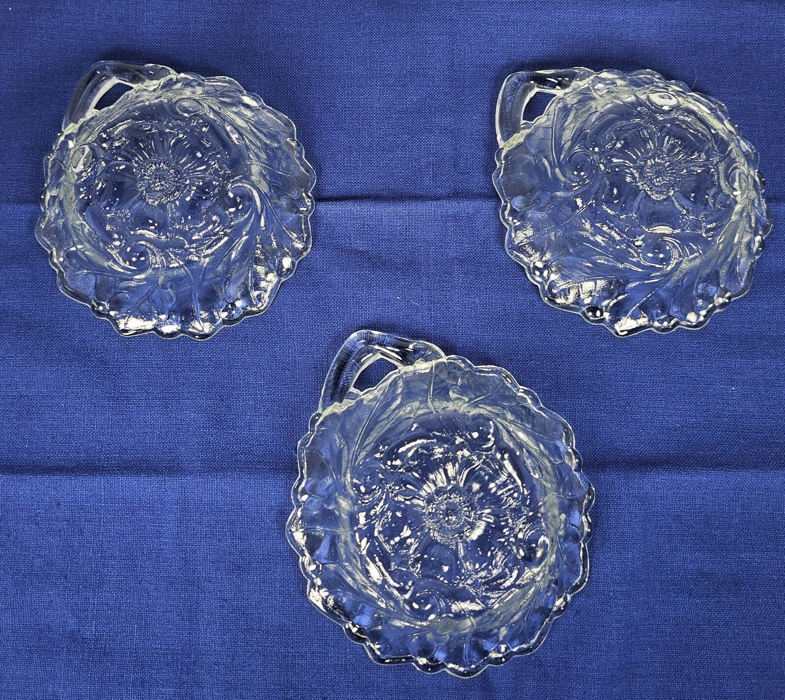 Set of 3, Indiana Glass Clear Wild Rose Handled Nappy 5 1/8" Bowl