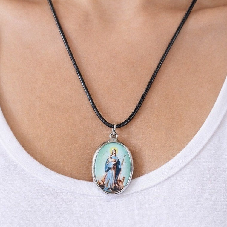 Vintage Madonna Pendant Necklace Blue Green Oval Religious Charm