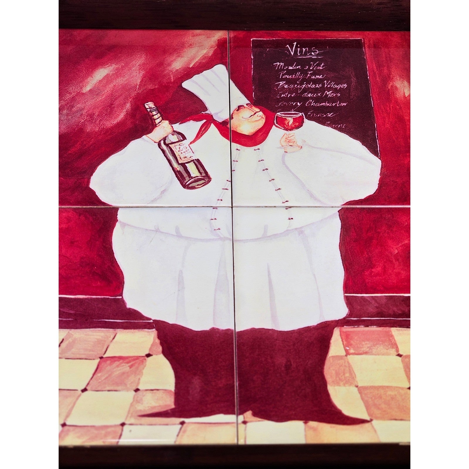 Vintage Tile Art Chef Serving Tray Wine Theme Wooden Handles