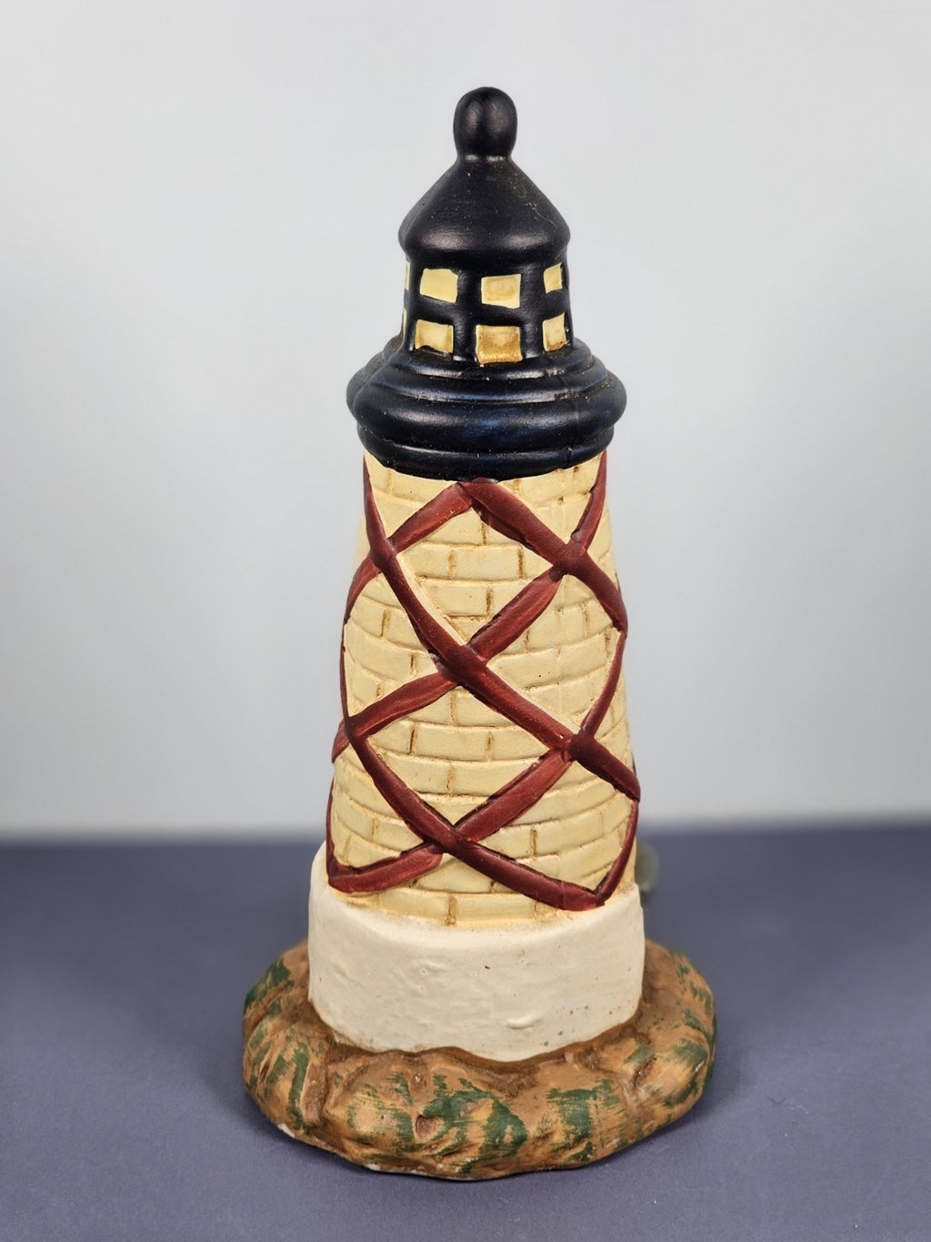 Vintage Ks Collection Beige Brick Red Diamond Design Lighthouse 6" Tall