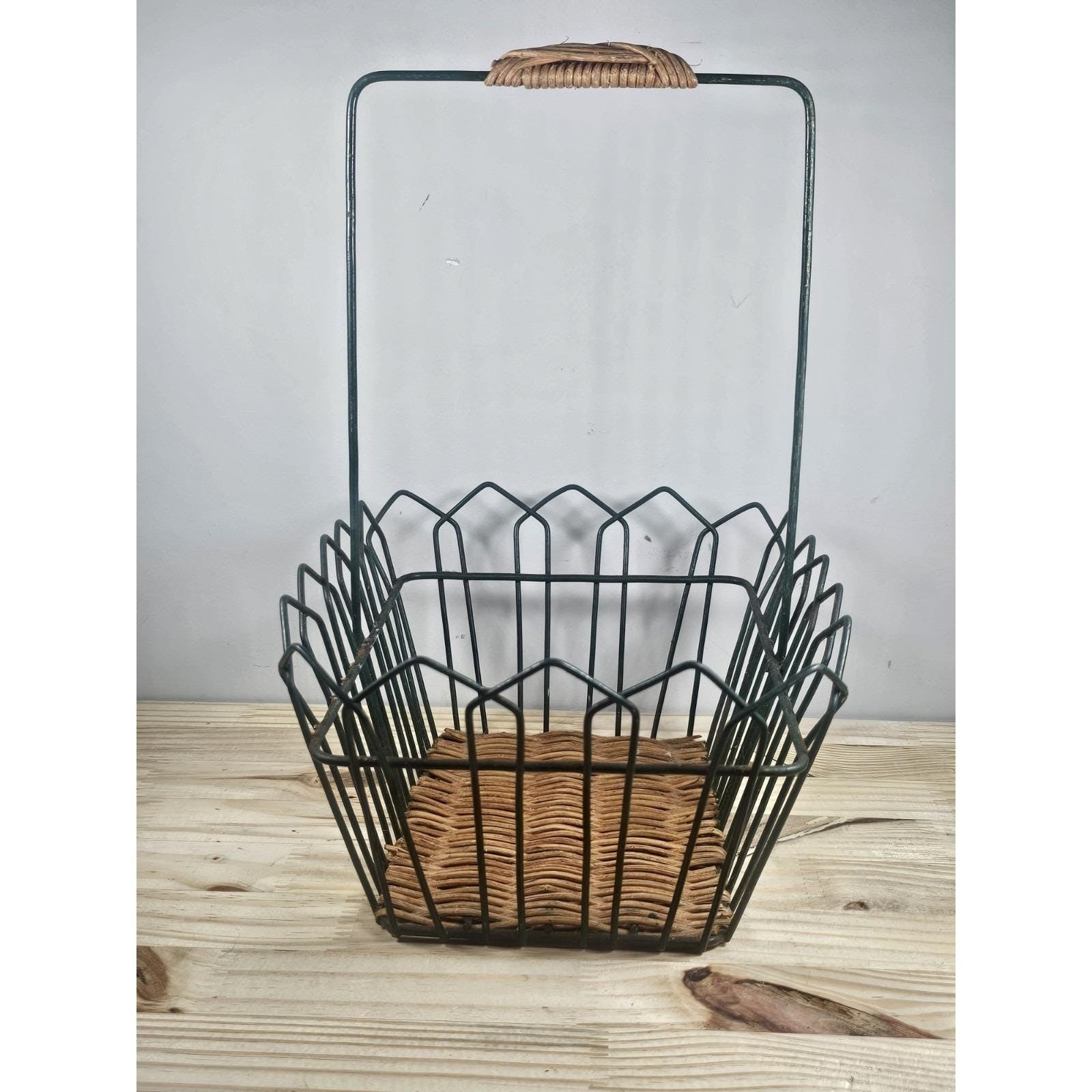 Vintage Rattan Basket with Black Metal Frame Rustic Storage Decor