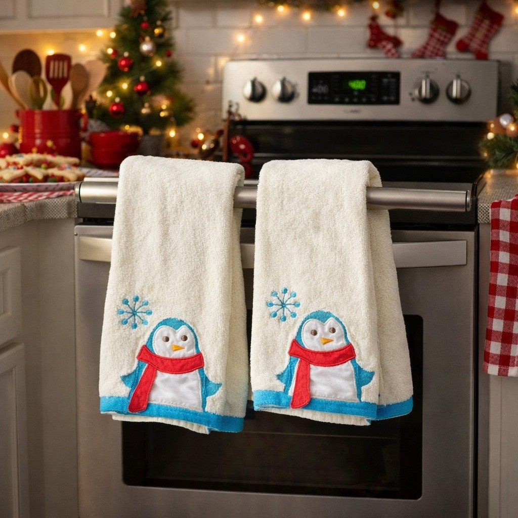 Vintage Penguin Kitchen Towels Set of 2 Cotton Winter Holiday Towels
