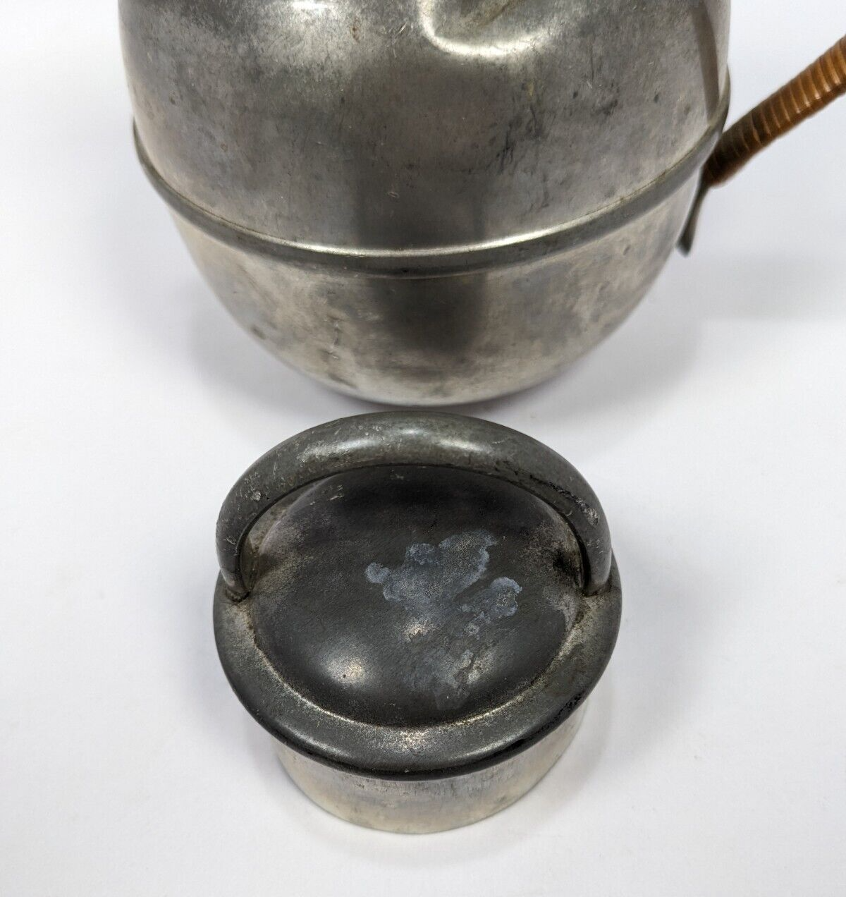 Vintage Rogers Solid Pewter Coffee Pot – Mid-Century Rattan-Handled #1172