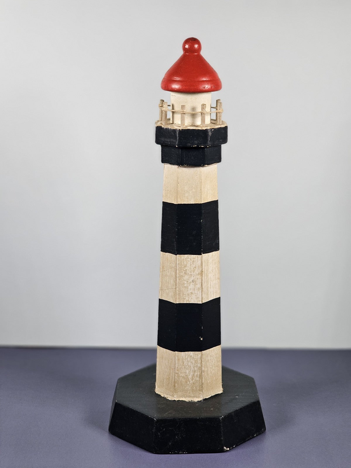 Vintage Wooden Lighthouse Figurine Black White Red Nautical Coastal Decor