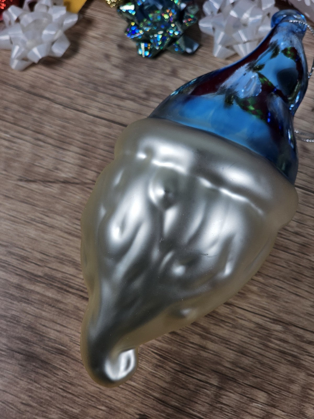 Vintage 70s Handblown Glass Santa Ornament With Blue Hat & Holly