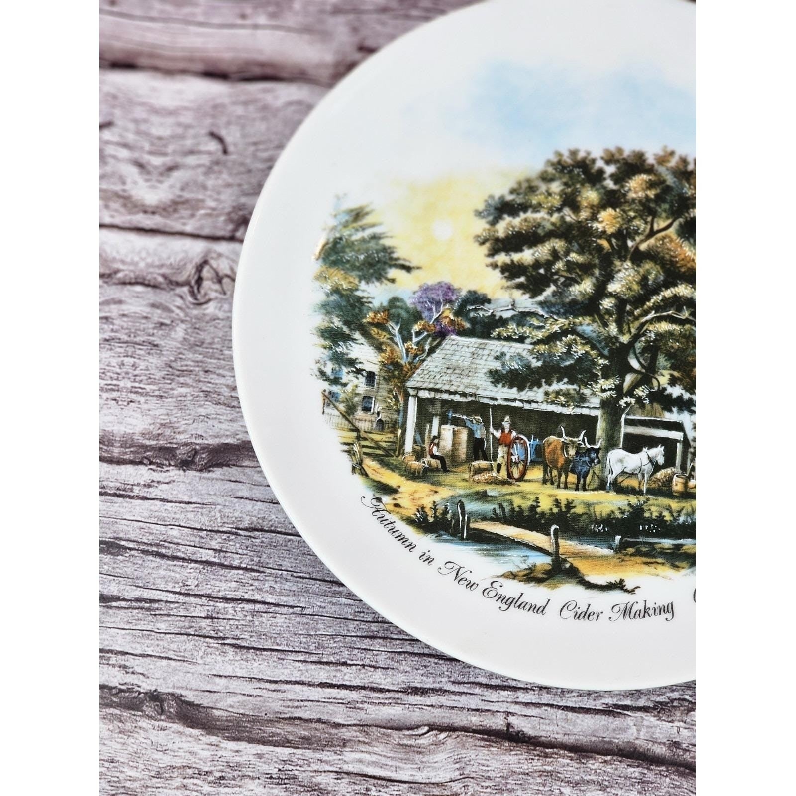 Vintage Currier & Ives Autumn Rural Scene Plate 6.5" Horse Barn Art