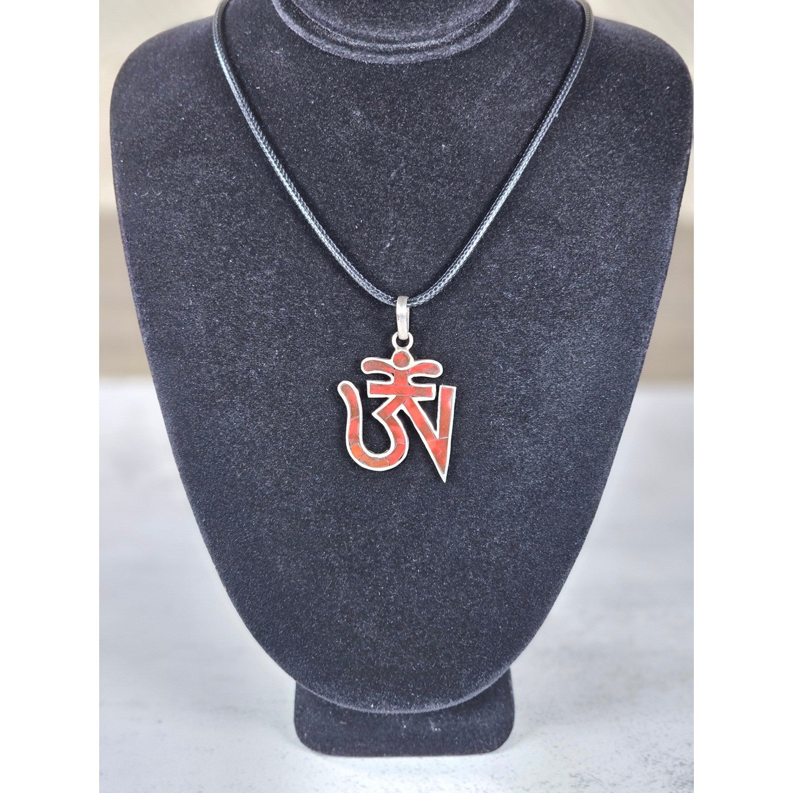 Vintage Sterling Silver Om Pendant Necklace Red Inlay Symbol