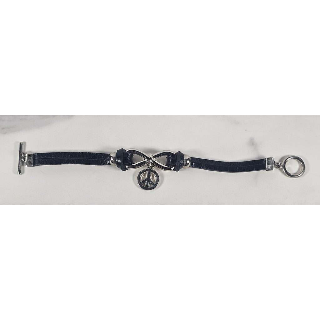 Vintage Petite Leather Peace Sign Bracelet Silver Tone Boho Jewelry