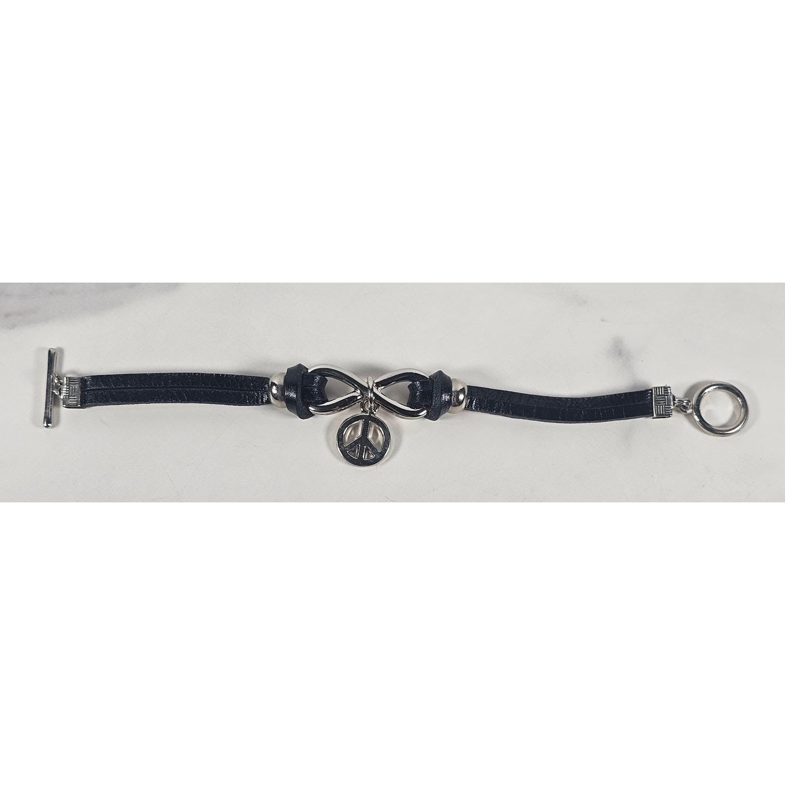 Vintage Petite Leather Peace Sign Bracelet Silver Tone Boho Jewelry