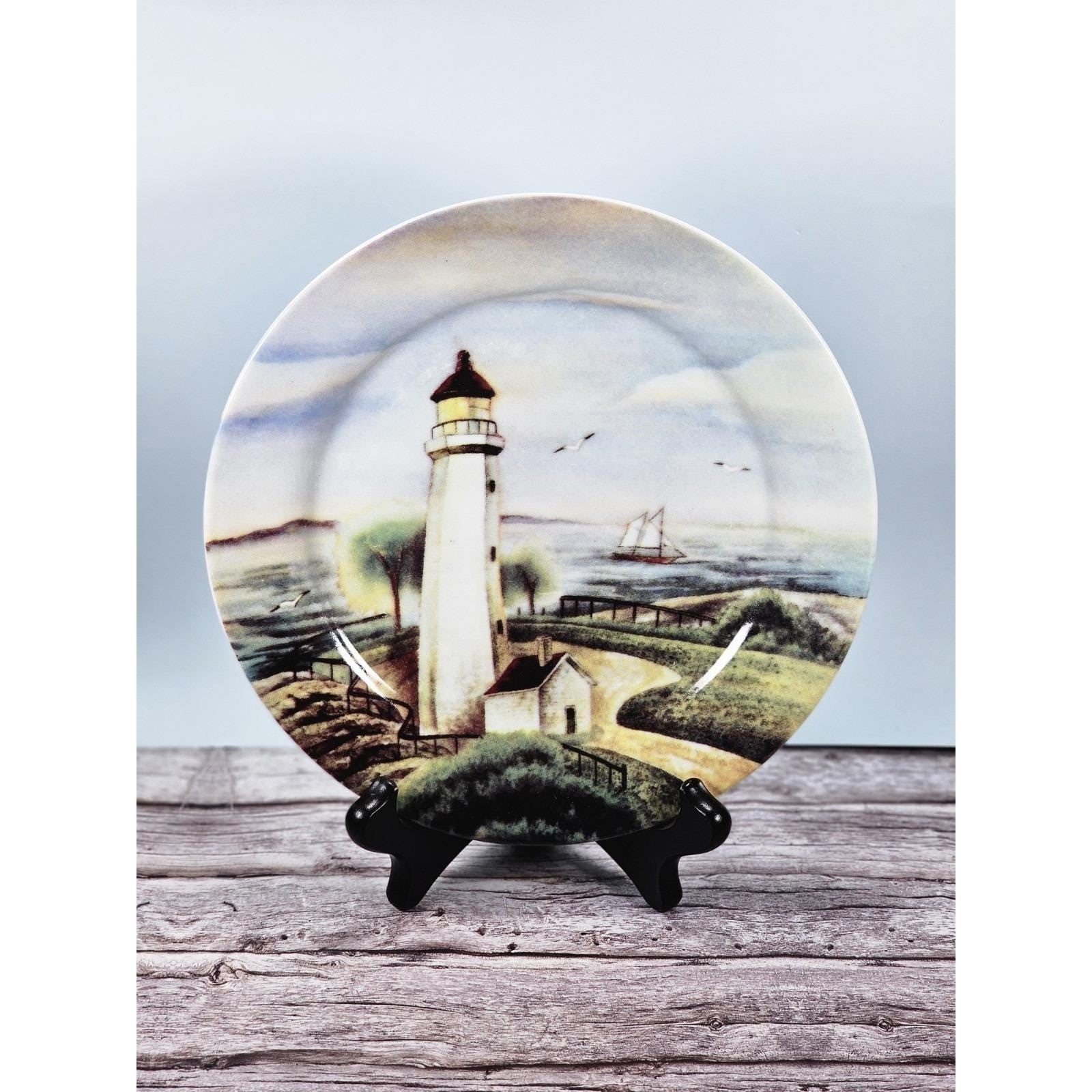 Vintage Coastal Lighthouse Decorative Plate Nautical Sailboat Seagulls 8 Inch