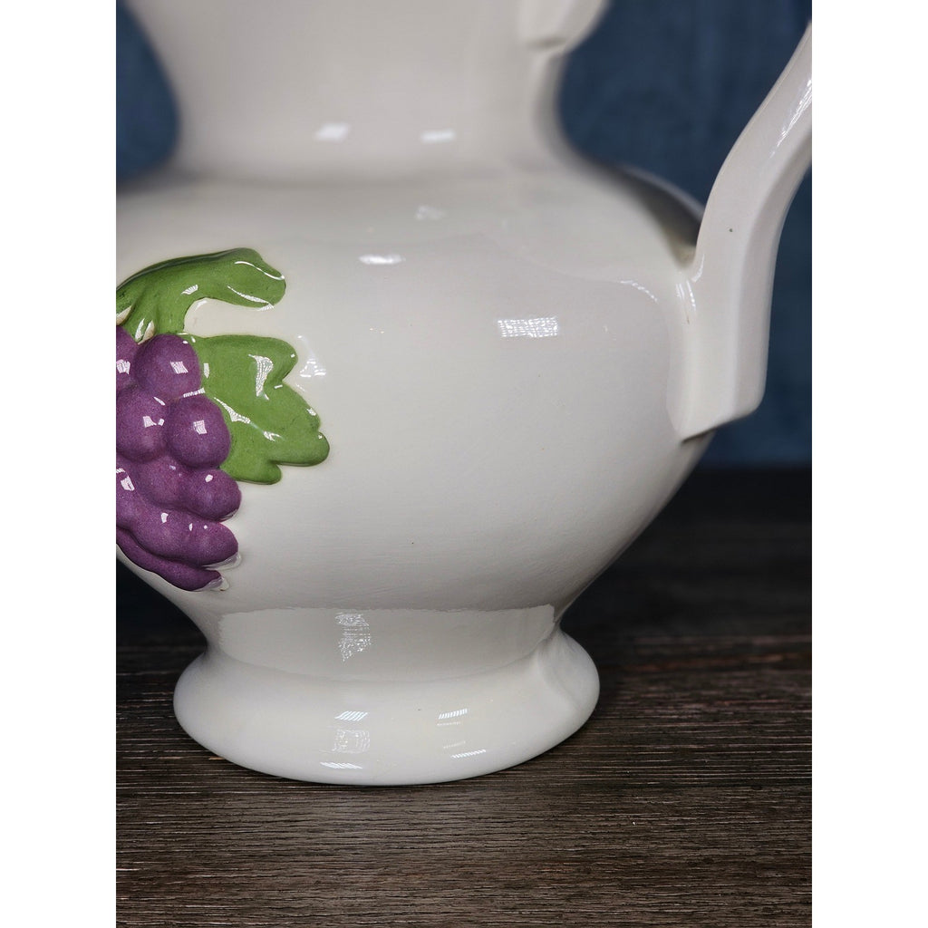 Vintage Ceramic Pitcher with Grape Design | White Pottery Vase Creamer